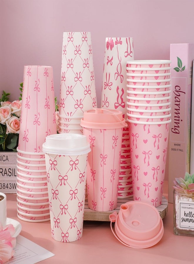 Whaline 100Pcs Pink Bow Paper Cups with Lids 16oz Bowknot Heart Disposable Cups Cute Coquette Drinking Cup for Hold Cold Drinks - Image 4